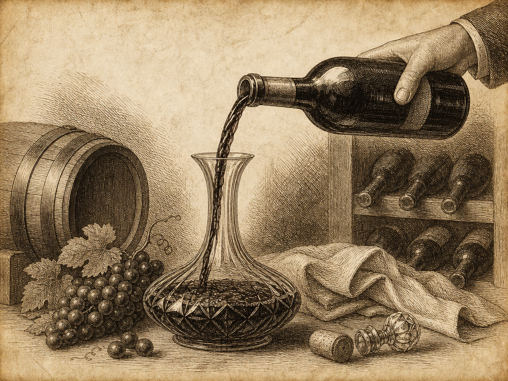 Classic engraving of decanting wine into a decanter