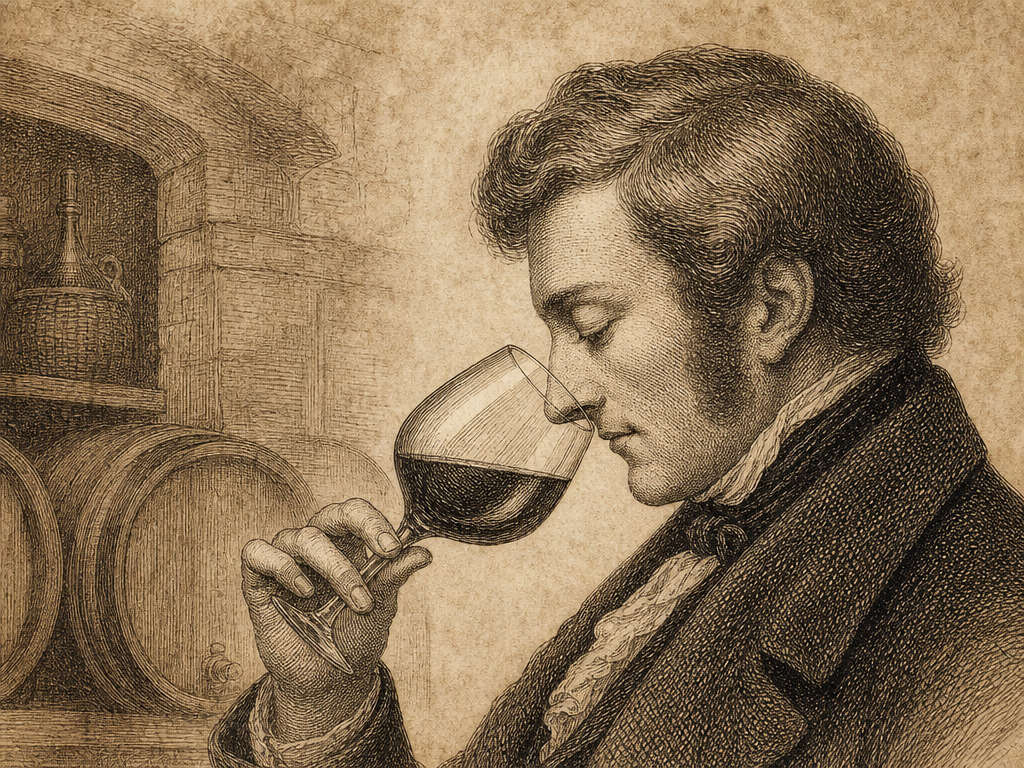 Classic engraving of nosing a glass of wine