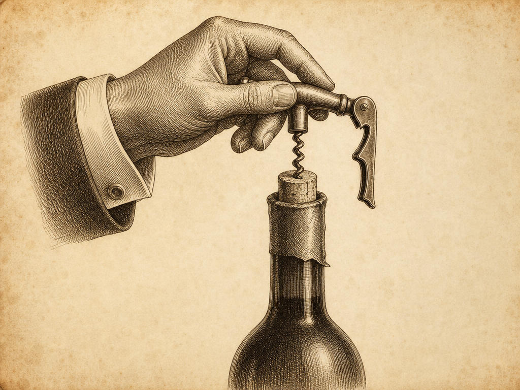 Classic engraving of opening a wine bottle with a corkscrew