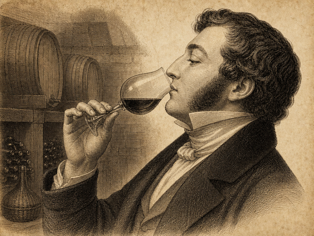 Classic engraving of tasting wine from a glass
