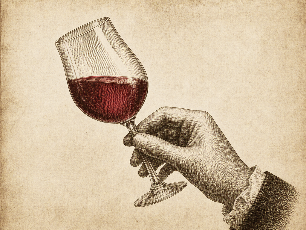 Classic engraving of observing wine color in a glass