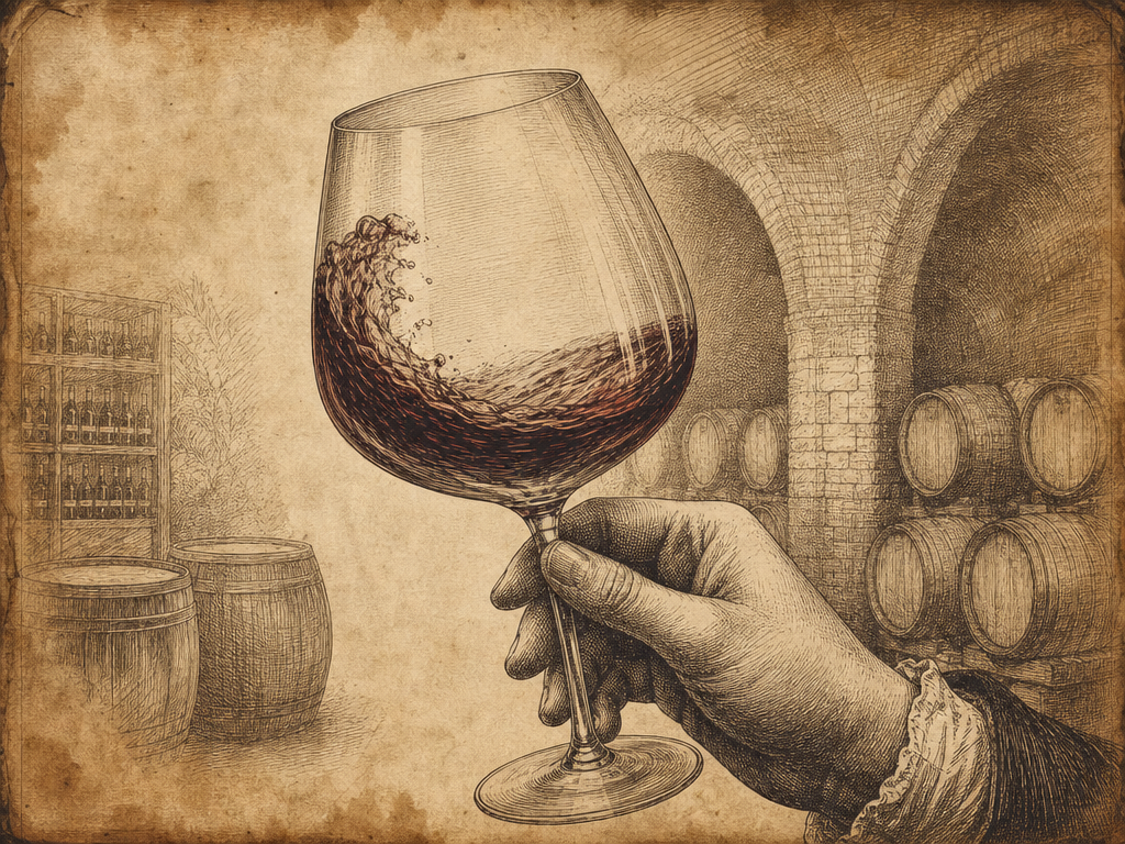 Classic engraving of swirling wine to aerate it